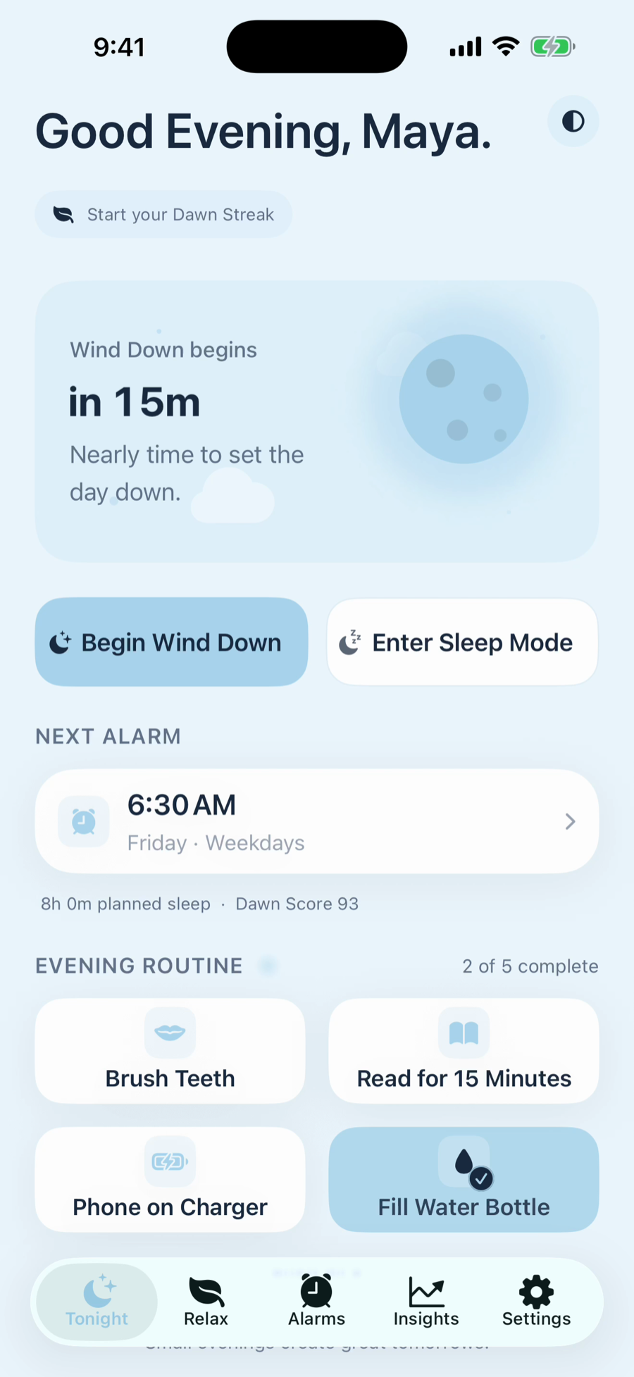 Dawn app — Tonight screen showing the evening routine checklist